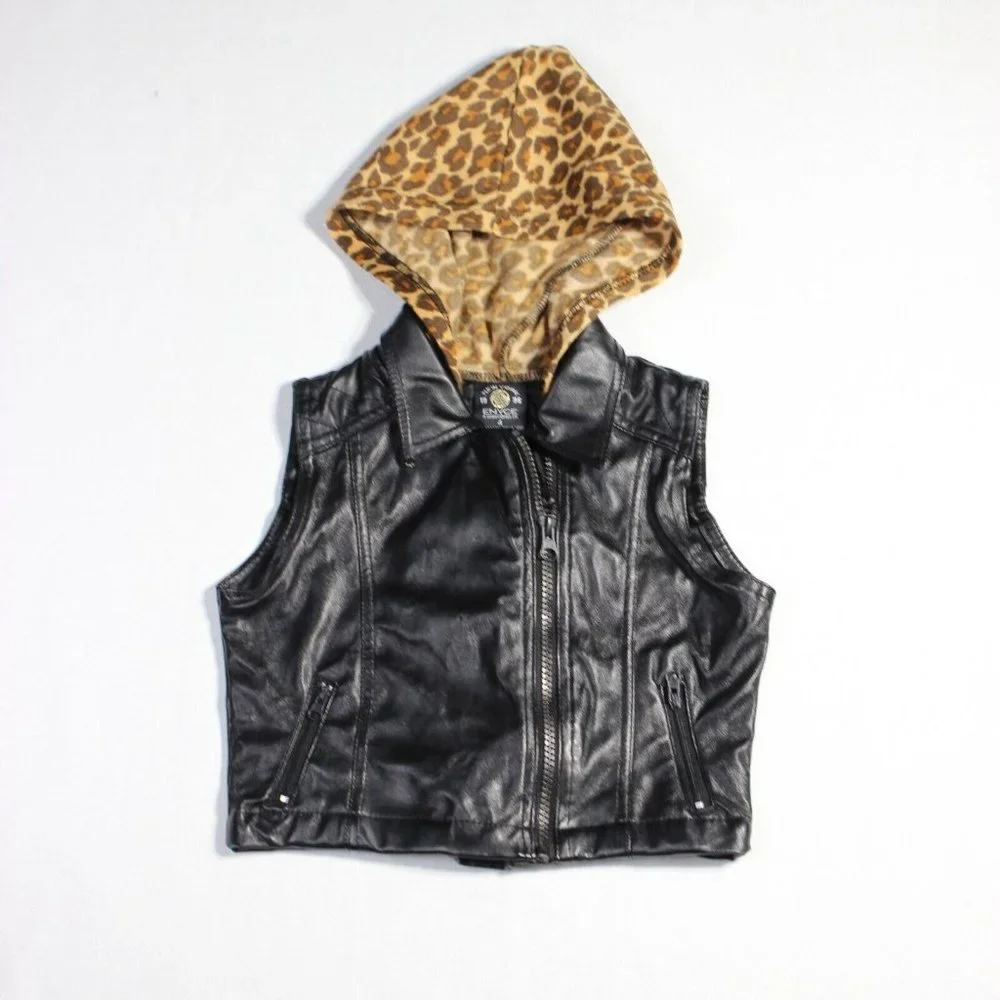 Enyce Black Faux Leather Sleeveless Zipper Pockets Hooded Full Zip Jacket Sz 4